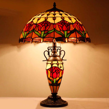 Tiffany Style Lamps Werfactory® Red Stained Glass Tulip Flower Mother-Daughter Vase Table Lamp